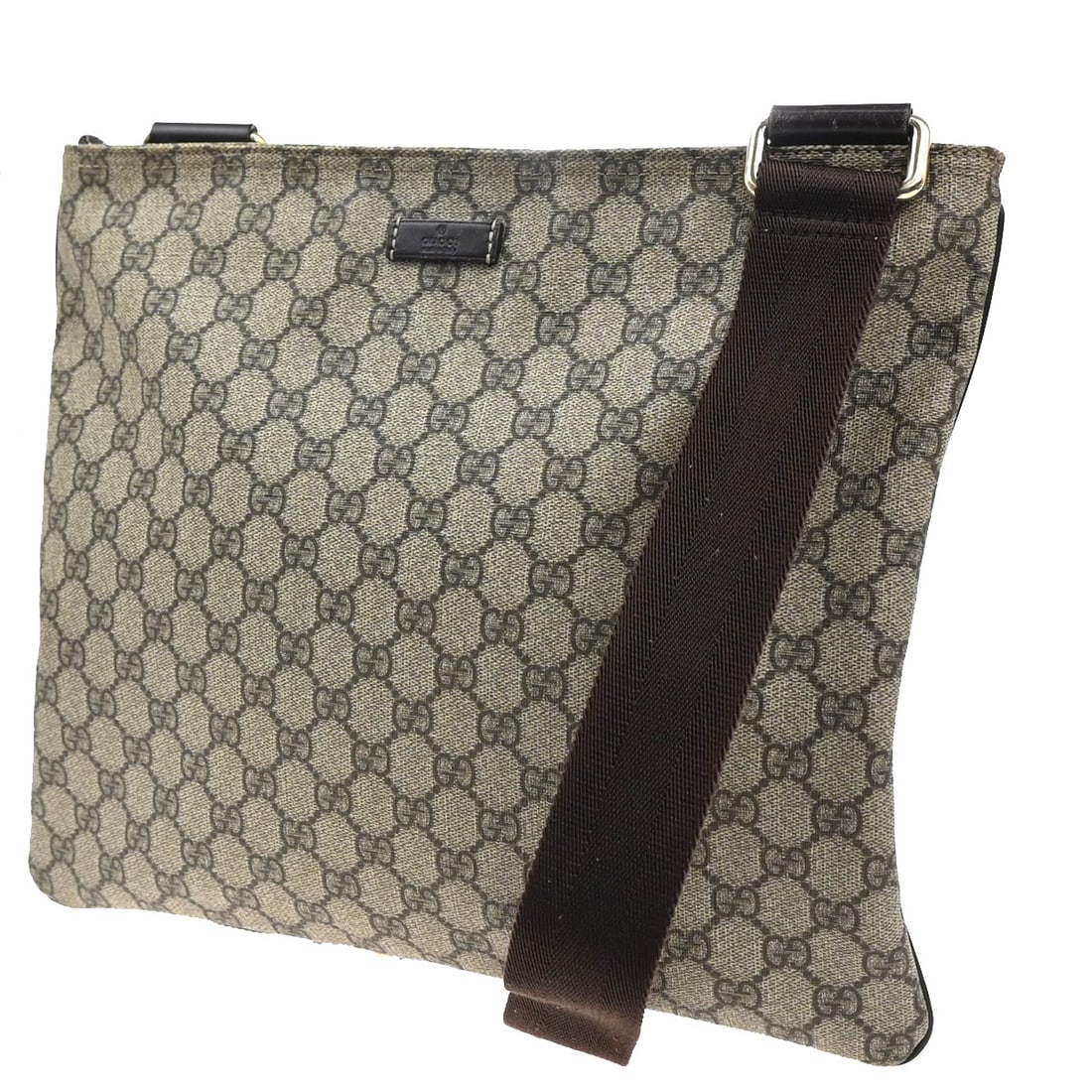 Gucci Brown Coated Canvas Shoulder Messenger Bag 34x28x2cm: Gucci Brown Coated Canvas Shoulder Messenger Bag 34x28x2cm This Gucci Zip Top Messenger Bag features a brown coated canvas exterior with signs of use including scuffs, dirt, scratches, frayed corners,