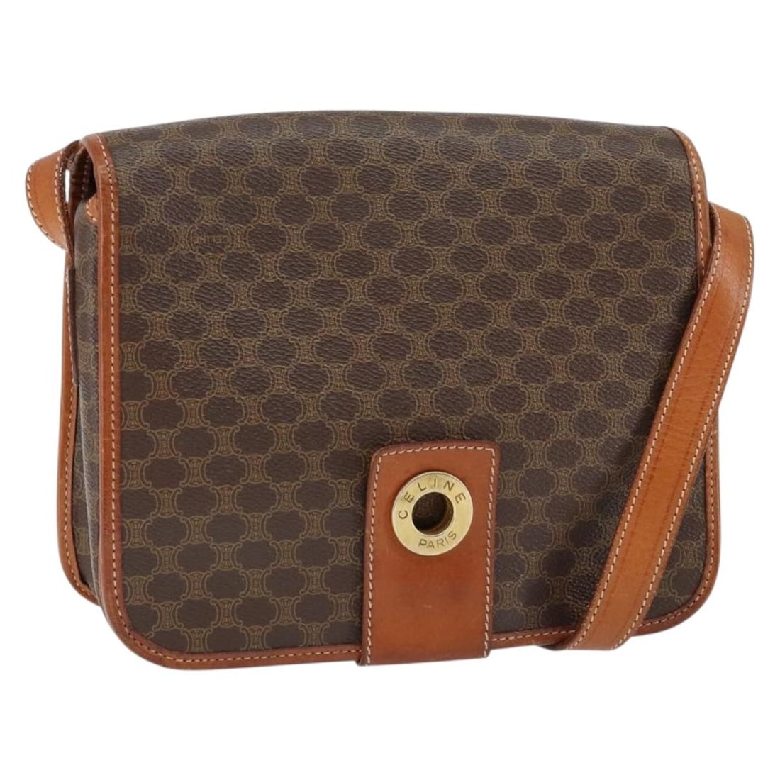 CELINE Macadam Canvas Shoulder Bag Brown Gold PVC Leather Auth: CELINE Macadam Canvas Shoulder Bag Brown Gold PVC Leather Auth This CELINE Macadam Canvas Shoulder Bag is a stylish accessory crafted in Italy, featuring a durable PVC leather exterior in a sophistica