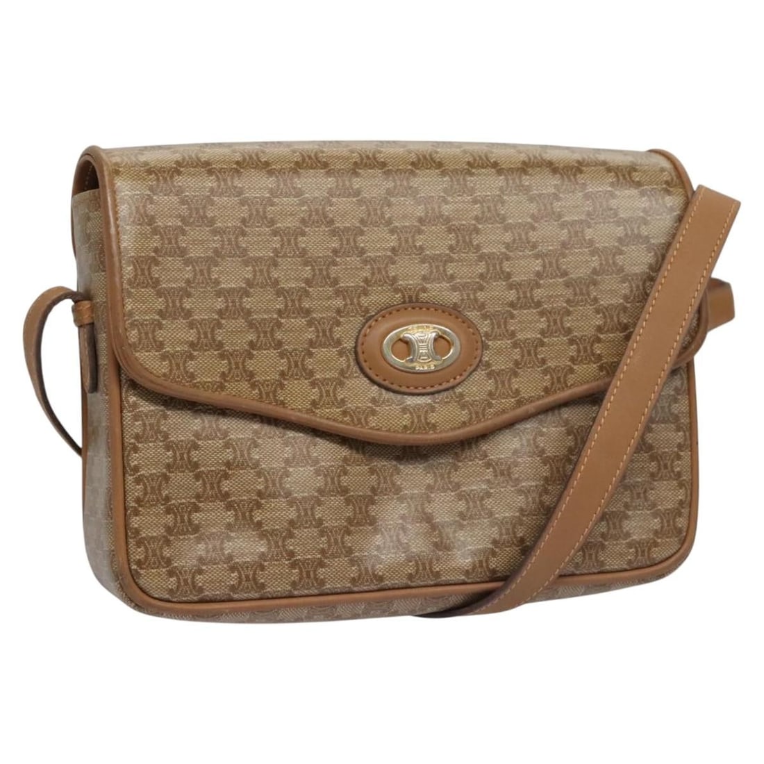 Celine Macadam Canvas Shoulder Bag Beige: Celine Macadam Canvas Shoulder Bag Beige This Celine Vintage Macadam Shoulder Bag features the iconic Macadam pattern in beige canvas with leather accents. Designed for unisex use, it offers a classic
