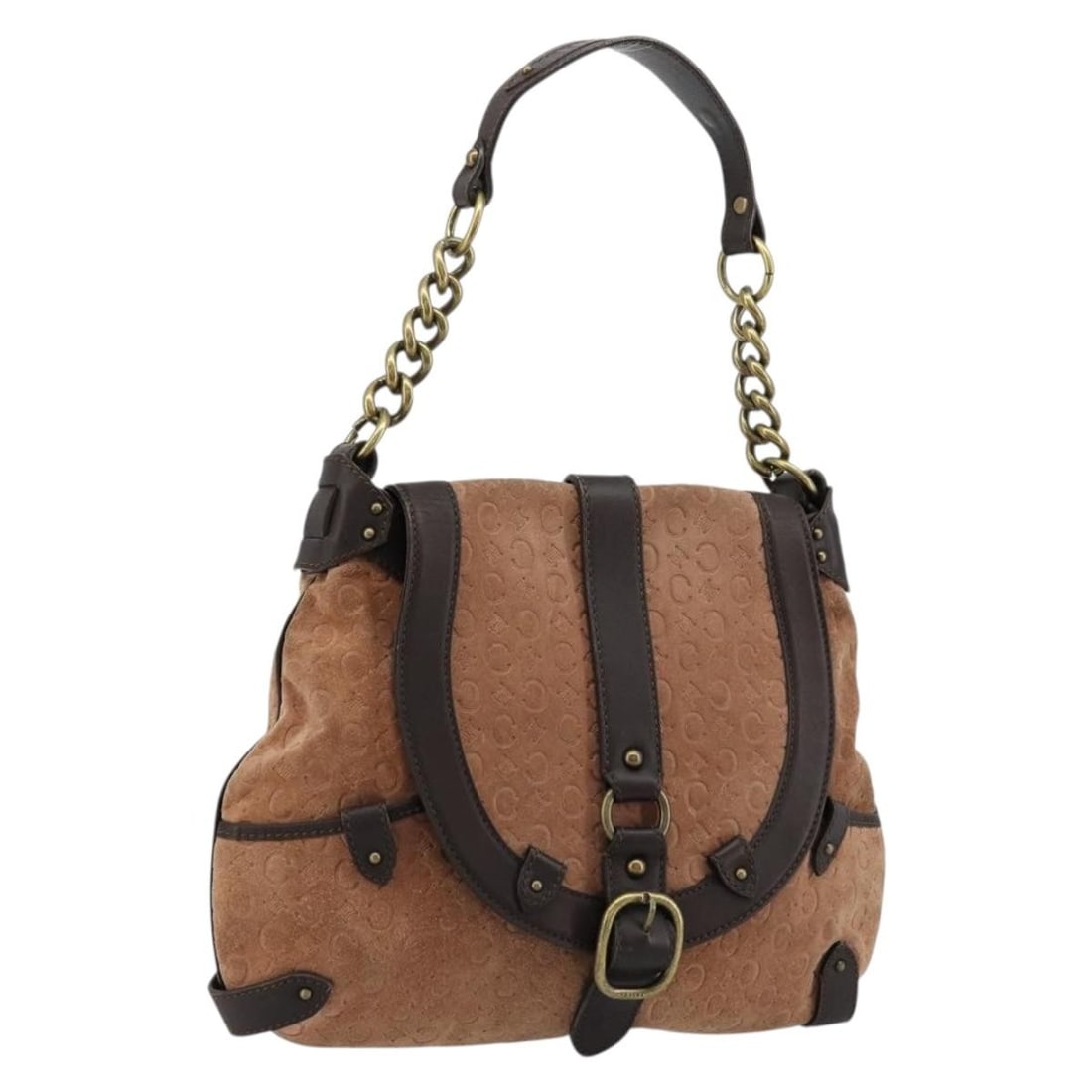 CELINE Macadam Canvas Suede Brown Gold Shoulder Bag: CELINE Macadam Canvas Suede Brown Gold Shoulder Bag This CELINE C Macadam shoulder bag is crafted from brown suede and Macadam canvas, complemented by gold-tone accents. Designed with a chain shoulder