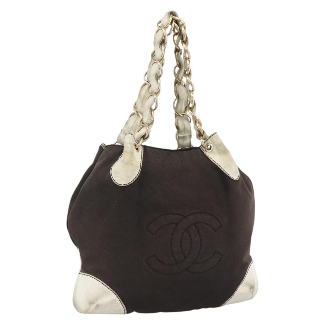Chanel Canvas Black and Gold Shoulder Bag with CC Chain Accent: Chanel Canvas Black and Gold Shoulder Bag with CC Chain Accent This CHANEL COCO Mark chain shoulder bag features a black and gold canvas exterior with chain details and the iconic CC logo. The bag is 