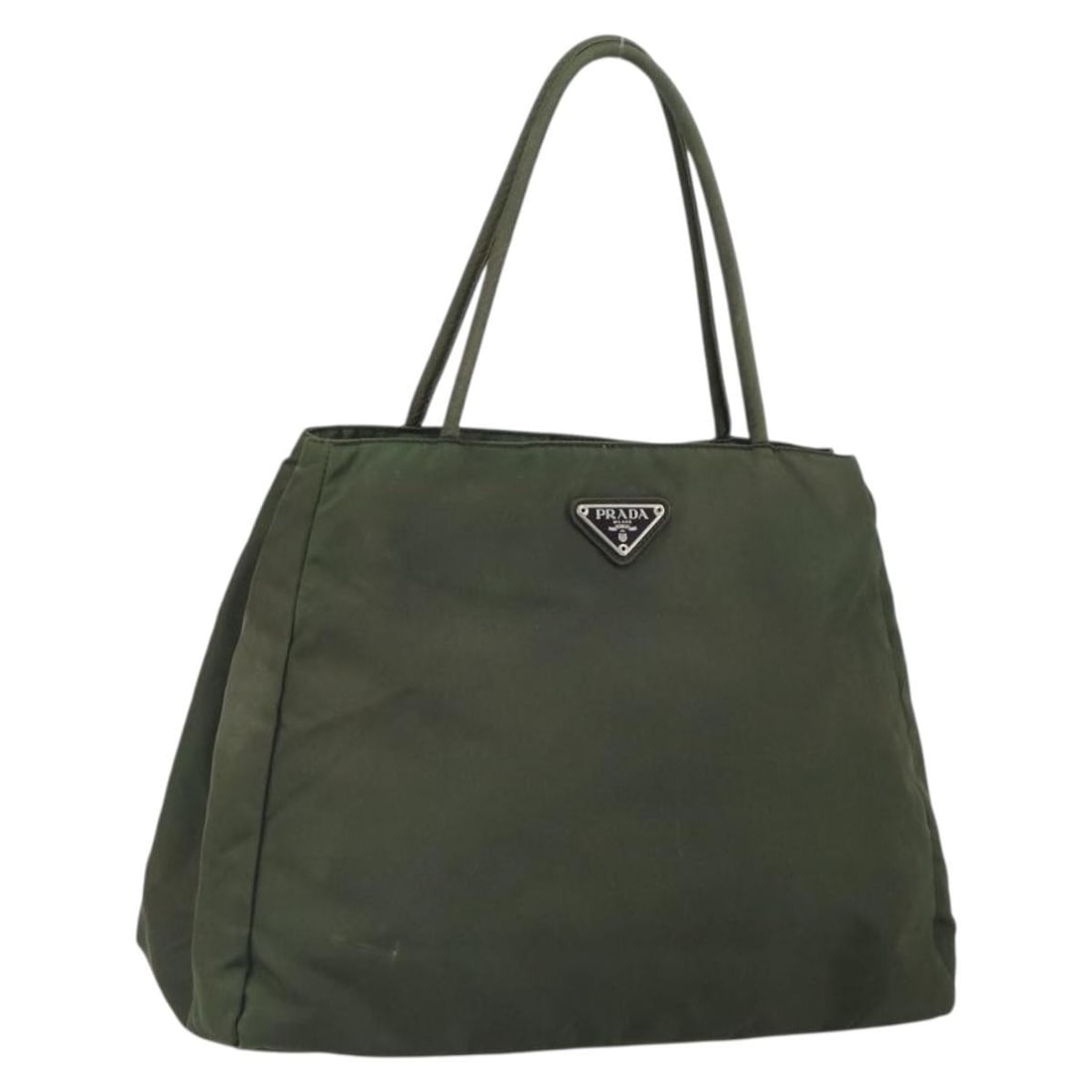 Prada Khaki Nylon Tote Bag Silver Trim Italy: Prada Khaki Nylon Tote Bag Silver Trim Italy This PRADA tote bag is crafted from durable khaki nylon with silver-tone accents. Designed for women, it features a spacious interior and comfortable handl