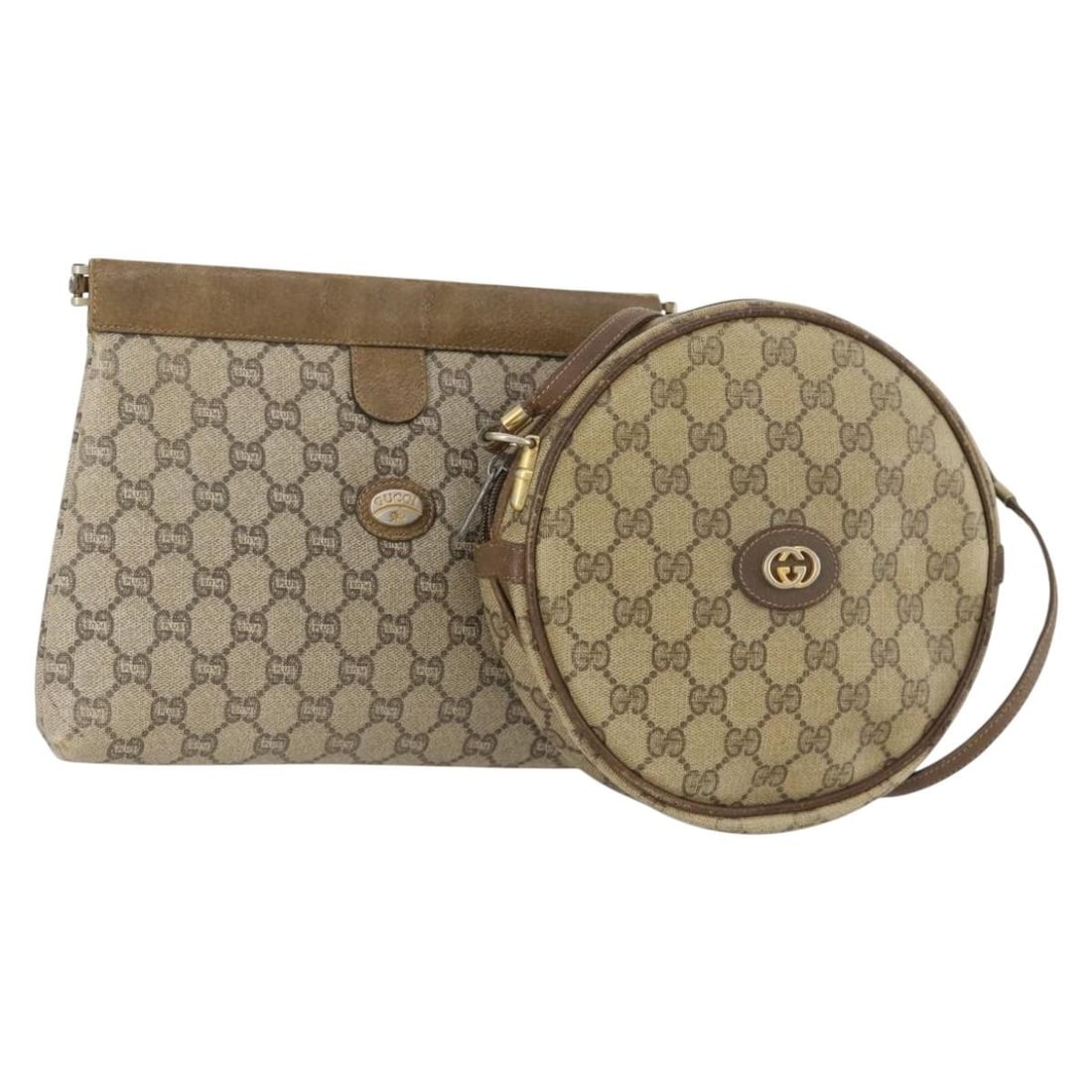 Gucci Brown PVC Leather Shoulder Bag 2 Piece Set: Gucci Brown PVC Leather Shoulder Bag 2 Piece Set This is a set of two GUCCI GG Supreme shoulder bags made from brown PVC leather and GG canvas. Designed for women, these bags were manufactured in Ital