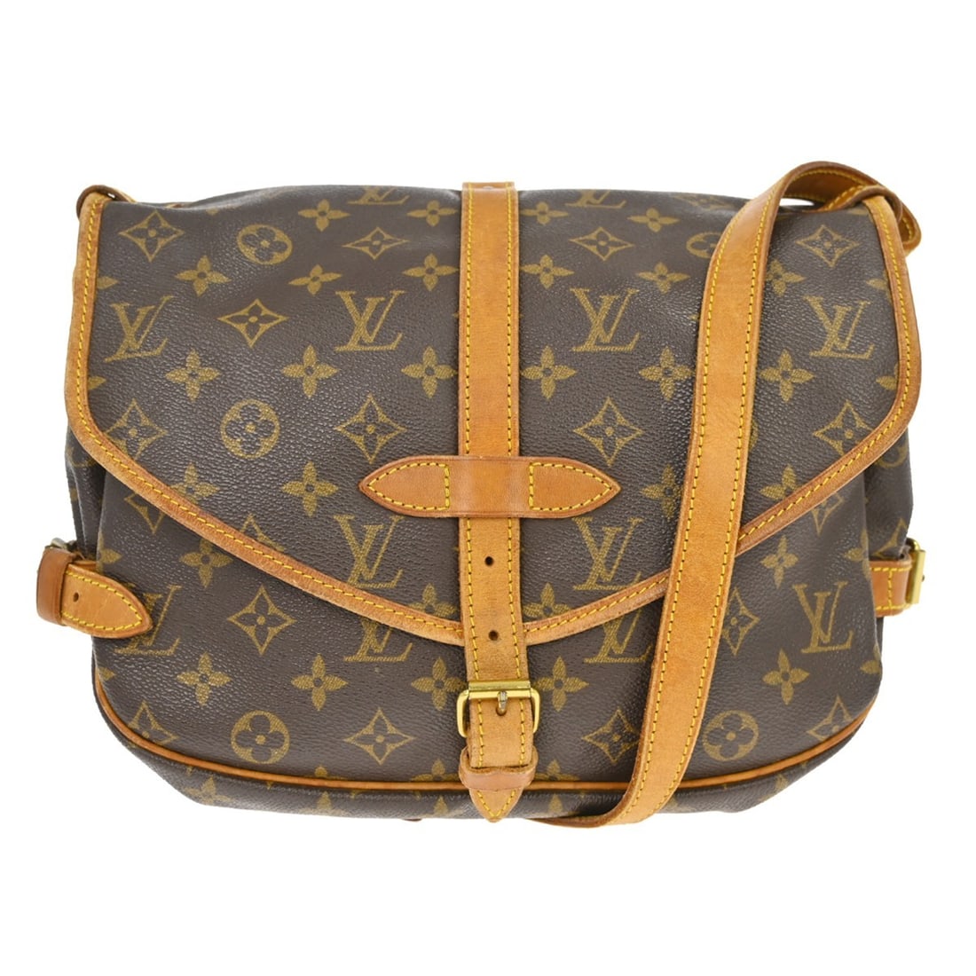 Louis Vuitton Saumur 30 Monogram Canvas Shoulder Bag: Louis Vuitton Saumur 30 Monogram Canvas Shoulder Bag This vintage Louis Vuitton Saumur 30 shoulder bag features the classic monogram canvas and leather construction in brown, complemented by gold-tone
