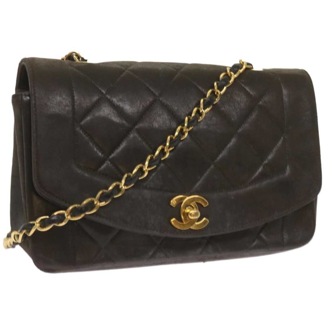 Chanel Diana Black Leather Matelasse Shoulder Bag with Chain Strap: Chanel Diana Black Leather Matelasse Shoulder Bag with Chain Strap This CHANEL Diana Matelasse chain shoulder bag is crafted from black leather and features the signature CC logo. Designed for women, 