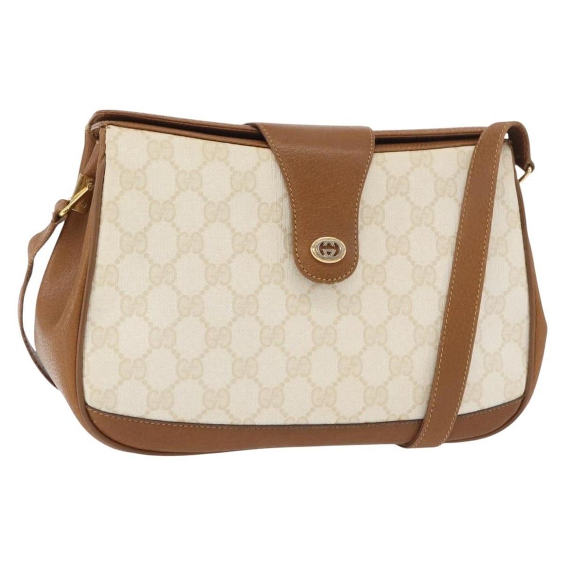 Gucci White Gold PVC GG Canvas Shoulder Bag 116 02 076: Gucci White Gold PVC GG Canvas Shoulder Bag 116 02 076 This GUCCI GG Supreme shoulder bag is crafted from white and gold PVC leather with GG canvas accents. Designed for women, the bag features a spac