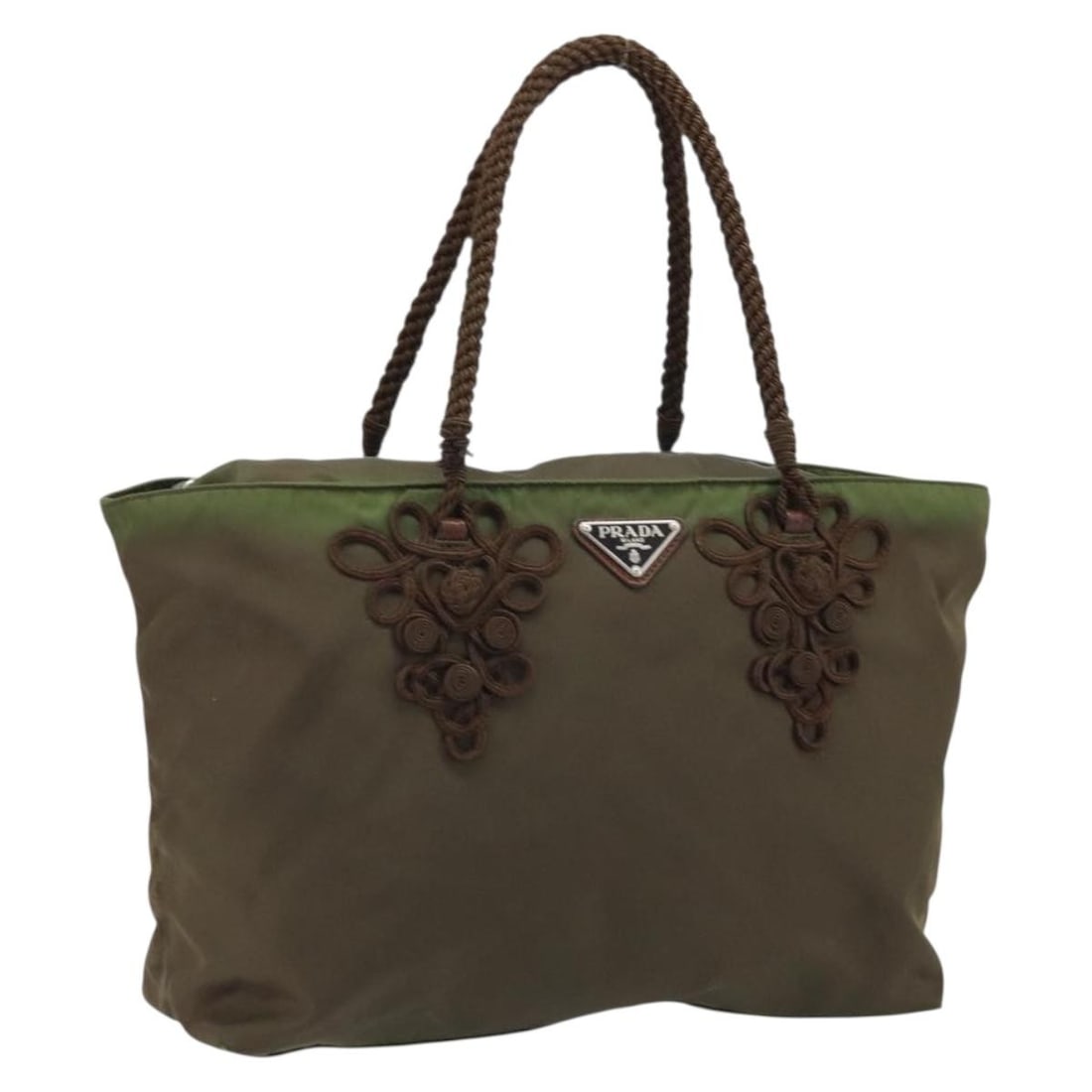 Prada green silver nylon tote bag Italy 12.2 inch: Prada green silver nylon tote bag Italy 12.2 inch This PRADA tote bag features a green and silver nylon exterior with silver-tone hardware. Designed for women, it offers a spacious interior and practi