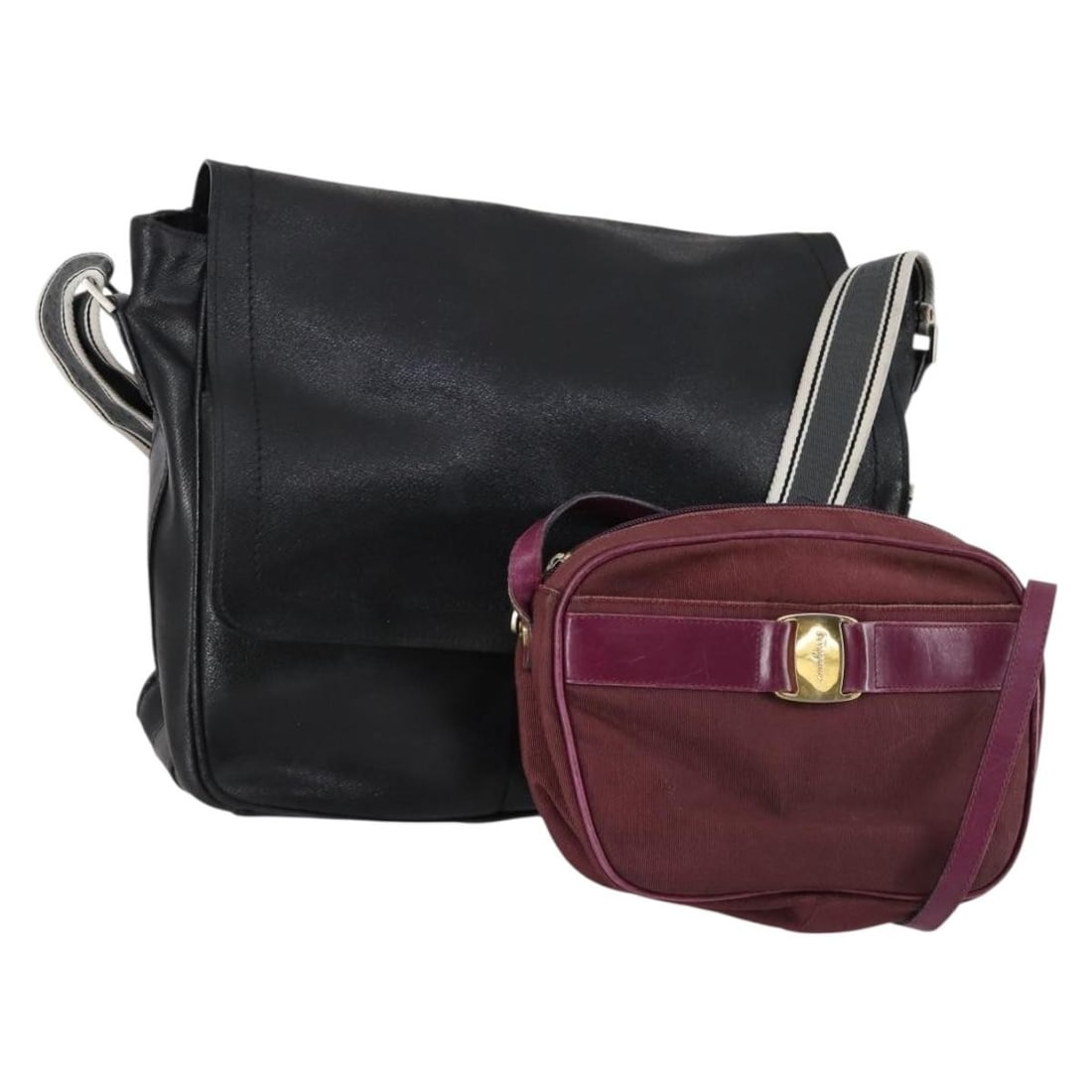 Salvatore Ferragamo Black Purple Leather Canvas Shoulder Bag Set: Salvatore Ferragamo Black Purple Leather Canvas Shoulder Bag Set This stylish shoulder bag from Salvatore Ferragamo features a unique combination of black and purple leather, creating a sophisticated 