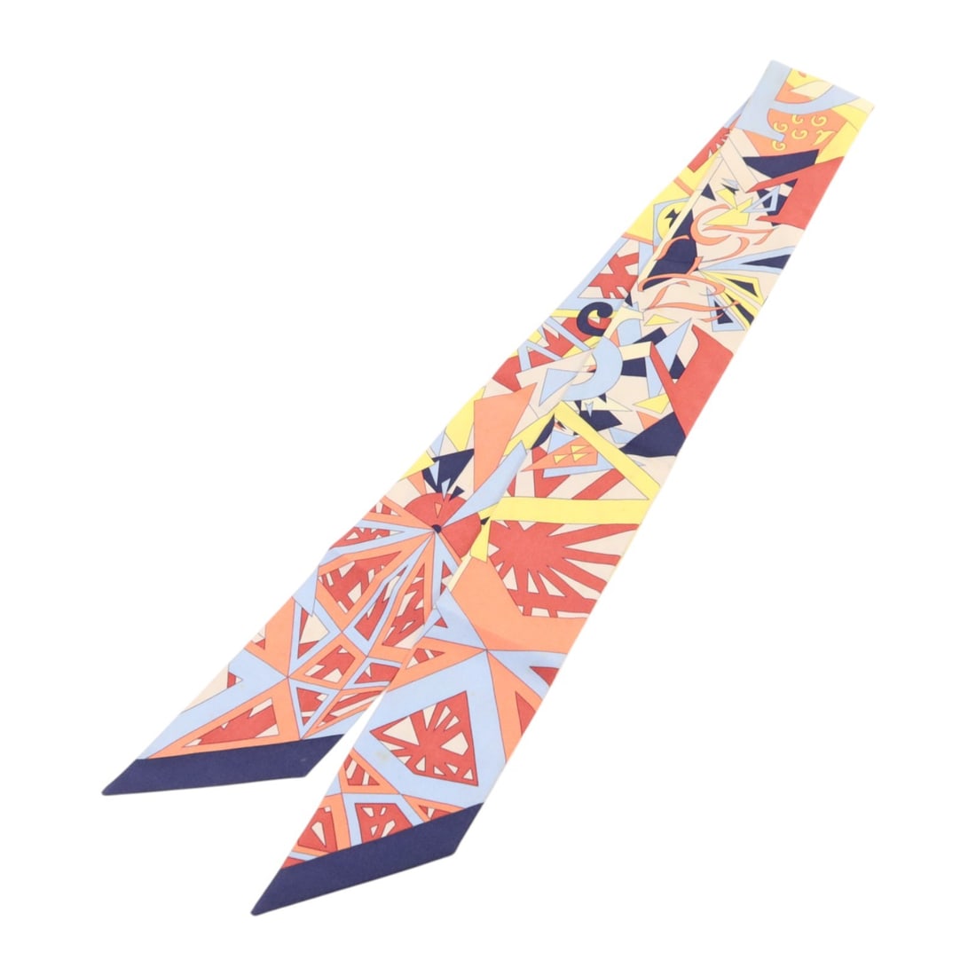 Hermes Silk Twilly Women's Scarf in Multicolor Yellow Orange Blue: Hermes Silk Twilly Women's Scarf in Multicolor Yellow Orange Blue This Hermes Twilly scarf is crafted from silk and features a vibrant multicolor palette with yellow, orange, and blue tones. Designed 