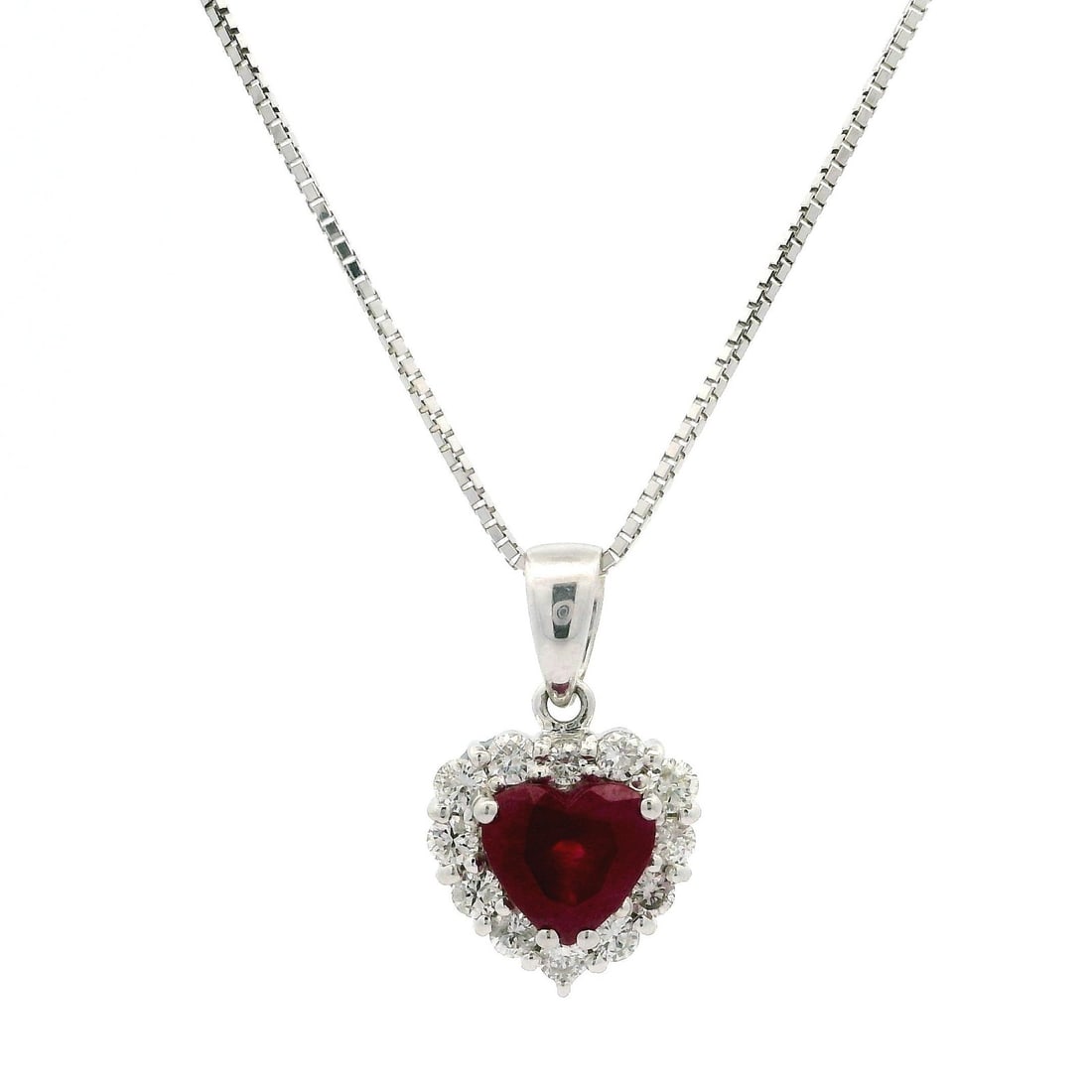 18k White Gold GIA Certified 1.74ct Burma Ruby Diamond Halo Heart Pendant Necklace: 18k White Gold GIA Certified 1.74ct Burma Ruby Diamond Halo Heart Pendant Necklace This exquisite heart pendant necklace showcases a stunning natural Burma ruby, beautifully set in solid 18k white gol