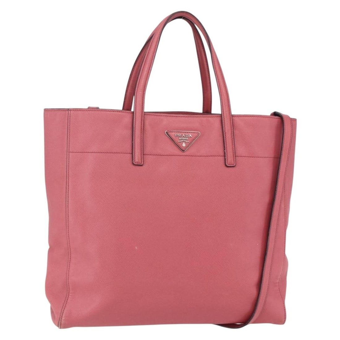 Prada Pink Silver Leather Tote with Shoulder Strap: Prada Pink Silver Leather Tote with Shoulder Strap This PRADA tote bag features a stylish pink and silver leather exterior and offers versatile 2-way carrying options with both handles and a detachabl