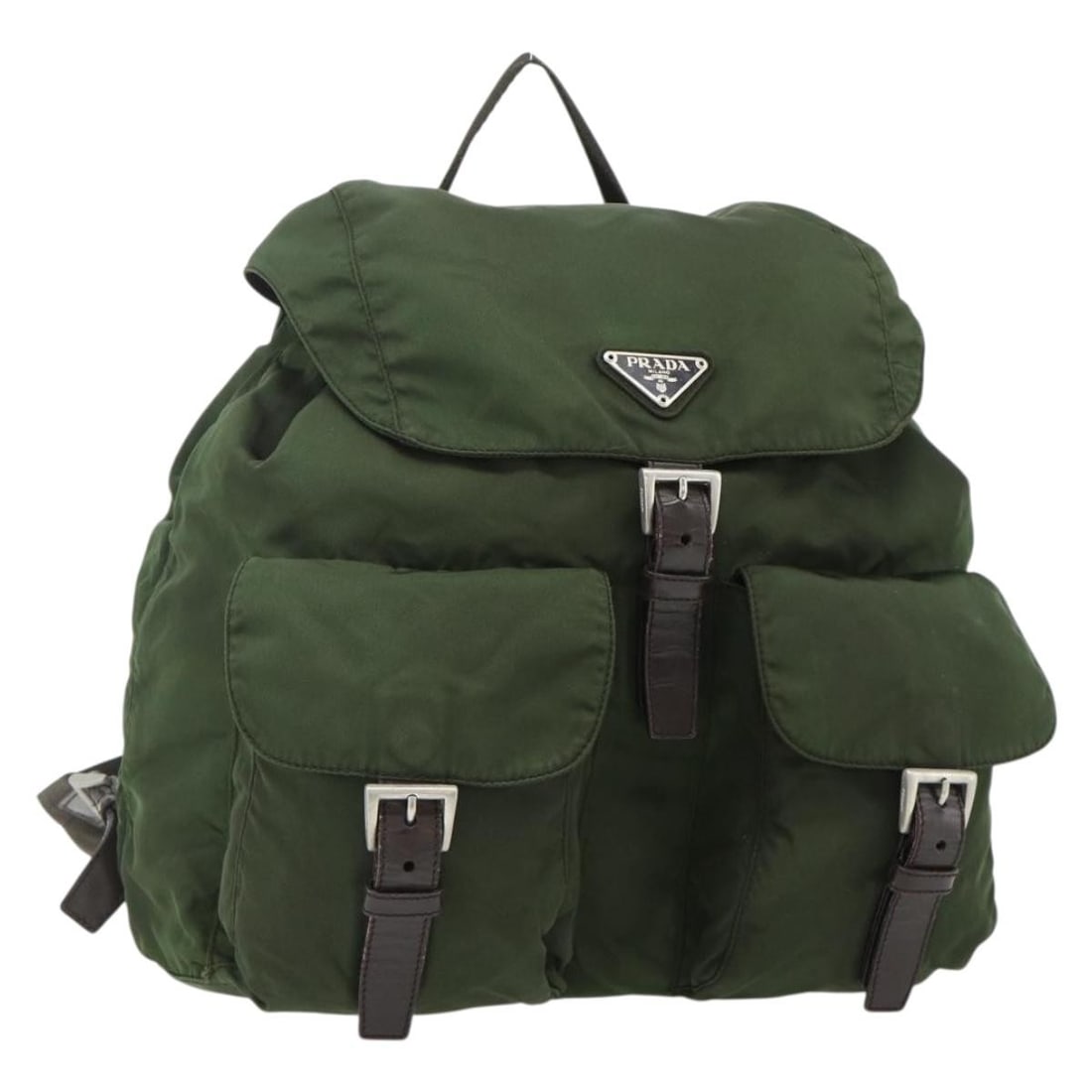 Prada nylon khaki silver backpack Italy: Prada nylon khaki silver backpack Italy This PRADA backpack features a durable nylon exterior in silver and khaki tones. Designed for women, it offers a spacious main compartment and practical dimensi