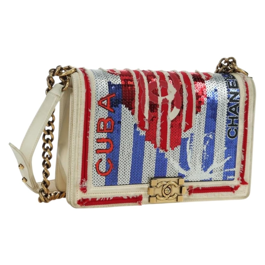 Chanel Boy Cuba 28 Multicolor Sequin Leather Shoulder Bag with Gold Chain (1 of 18)