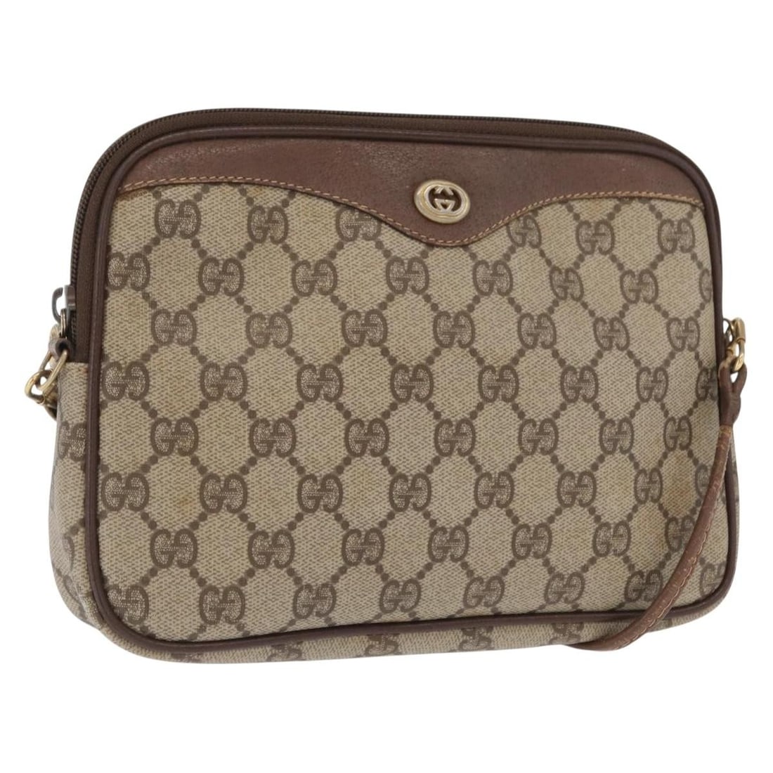 Beige GG Supreme Gucci Shoulder Bag PVC Leather Gold 97 02 068: Beige GG Supreme Gucci Shoulder Bag PVC Leather Gold 97 02 068 This is a Gucci GG Supreme shoulder bag crafted from beige and gold PVC leather with GG canvas accents. The bag features a structured sil