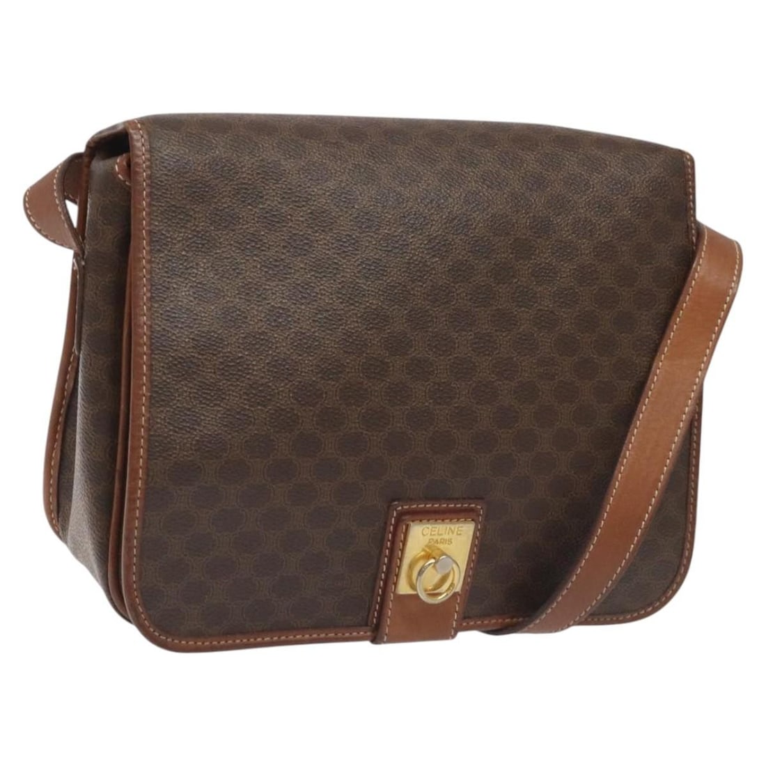 Celine Macadam Canvas Shoulder Bag Brown 26cm x 22cm x 7cm: Celine Macadam Canvas Shoulder Bag Brown 26cm x 22cm x 7cm This Celine Vintage Macadam Shoulder Bag is crafted from canvas with leather accents in a brown color. Designed for unisex use, it features C