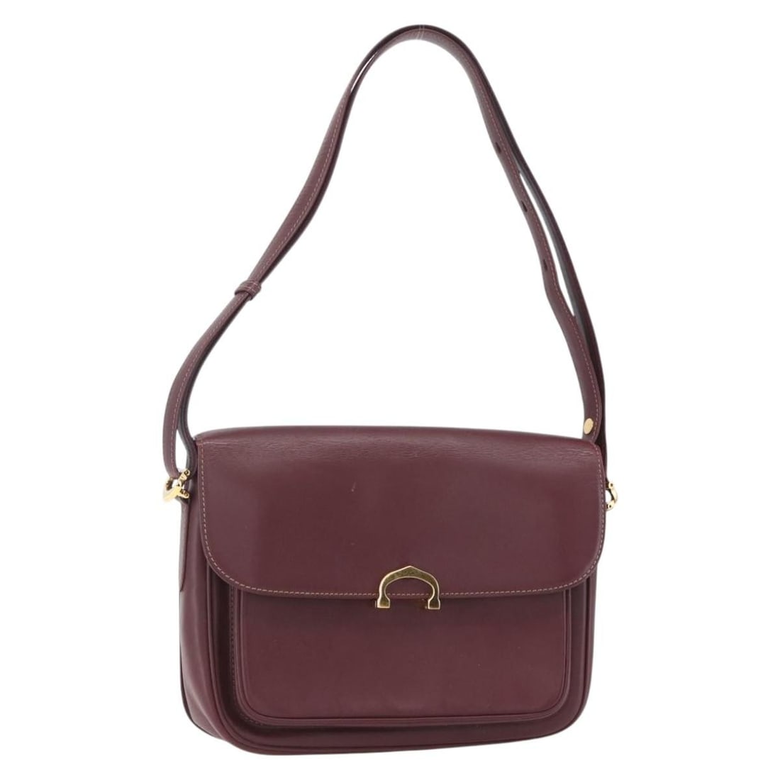 CARTIER Bordeaux Leather Shoulder Bag with Gold Accents Auth 153047: CARTIER Bordeaux Leather Shoulder Bag with Gold Accents Auth 153047 This exquisite CARTIER shoulder bag is crafted from rich Bordeaux leather and accented with gold detailing, embodying luxury and sop