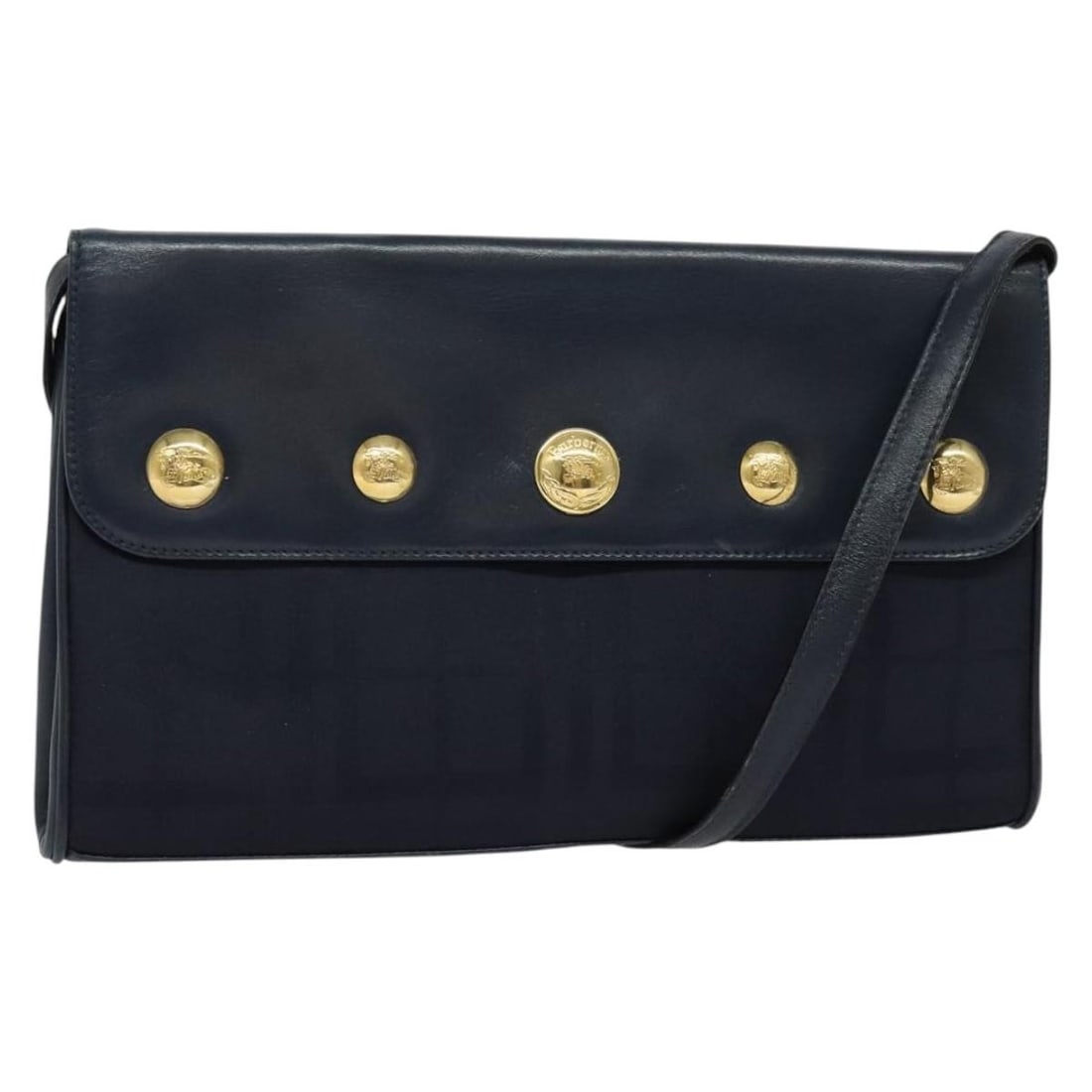 Burberry Navy Canvas Flap Shoulder Bag for Women: Burberry Navy Canvas Flap Shoulder Bag for Women This Burberry Flap Shoulder Bag is crafted from durable navy canvas and designed for women. It features a structured silhouette with a flap closure. Th