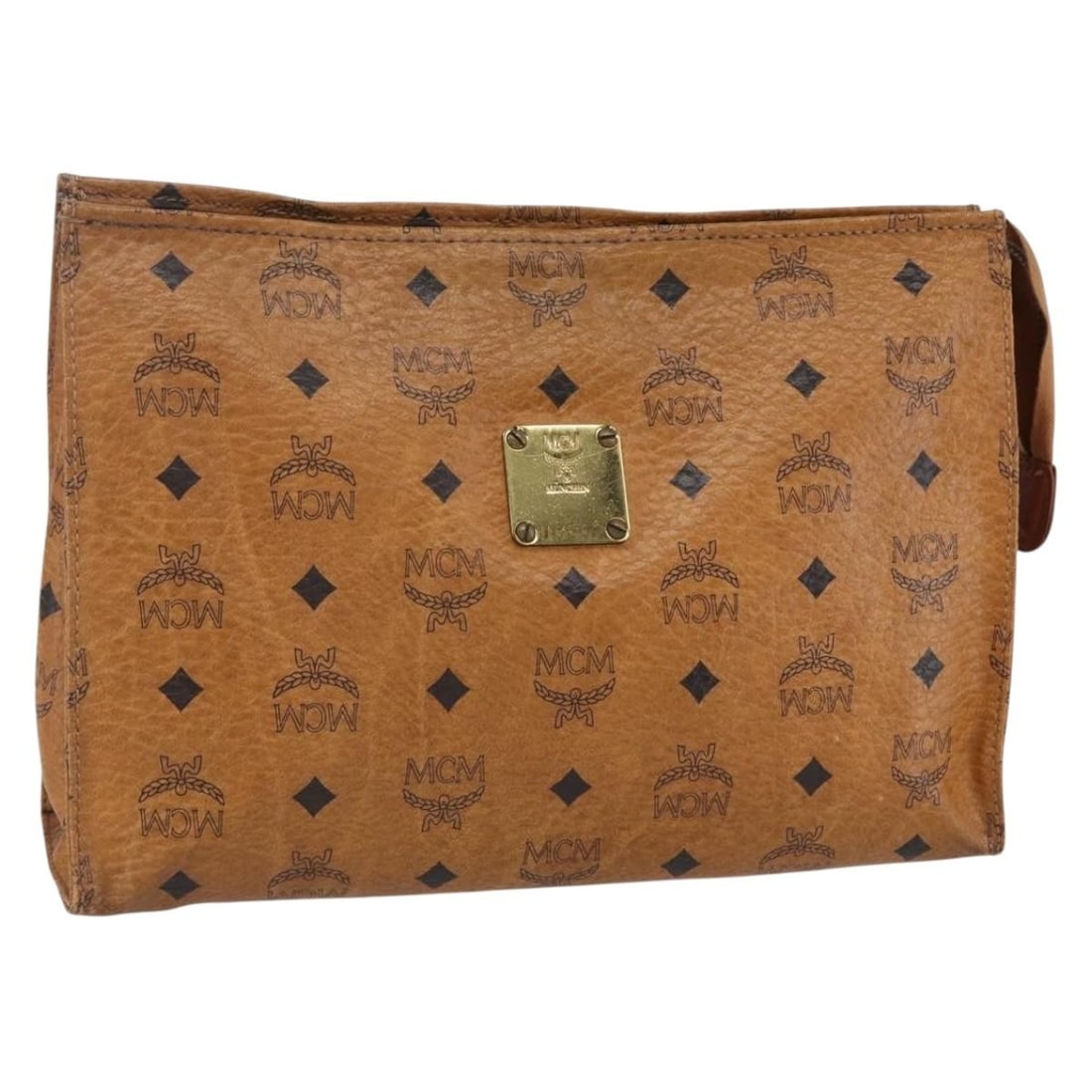 MCM Logogram Vicetos Clutch Bag PVC Leather Brown Gold Auth BA7355: MCM Logogram Vicetos Clutch Bag PVC Leather Brown Gold Auth BA7355 This stylish MCM Logogram Vicetos Clutch Bag is crafted from durable PVC leather in a sophisticated brown and gold color scheme. With