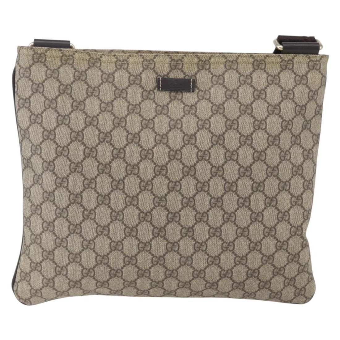 GG Coated Canvas Messenger Bag by Gucci with Zip Top Closure: GG Coated Canvas Messenger Bag by Gucci with Zip Top Closure This Gucci Zip Top Messenger Bag features a beige GG coated canvas exterior with leather accents. Designed as a unisex accessory, it offers