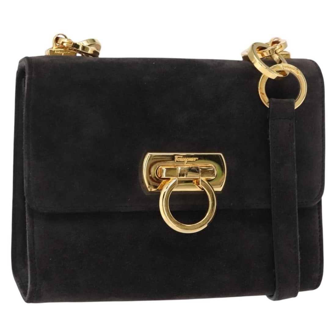 Salvatore Ferragamo Gancini Gray Gold Suede Shoulder Bag Authenticated: Salvatore Ferragamo Gancini Gray Gold Suede Shoulder Bag Authenticated This Salvatore Ferragamo Gancini Shoulder Bag is a stylish accessory crafted from soft gray suede with elegant gold accents. Made