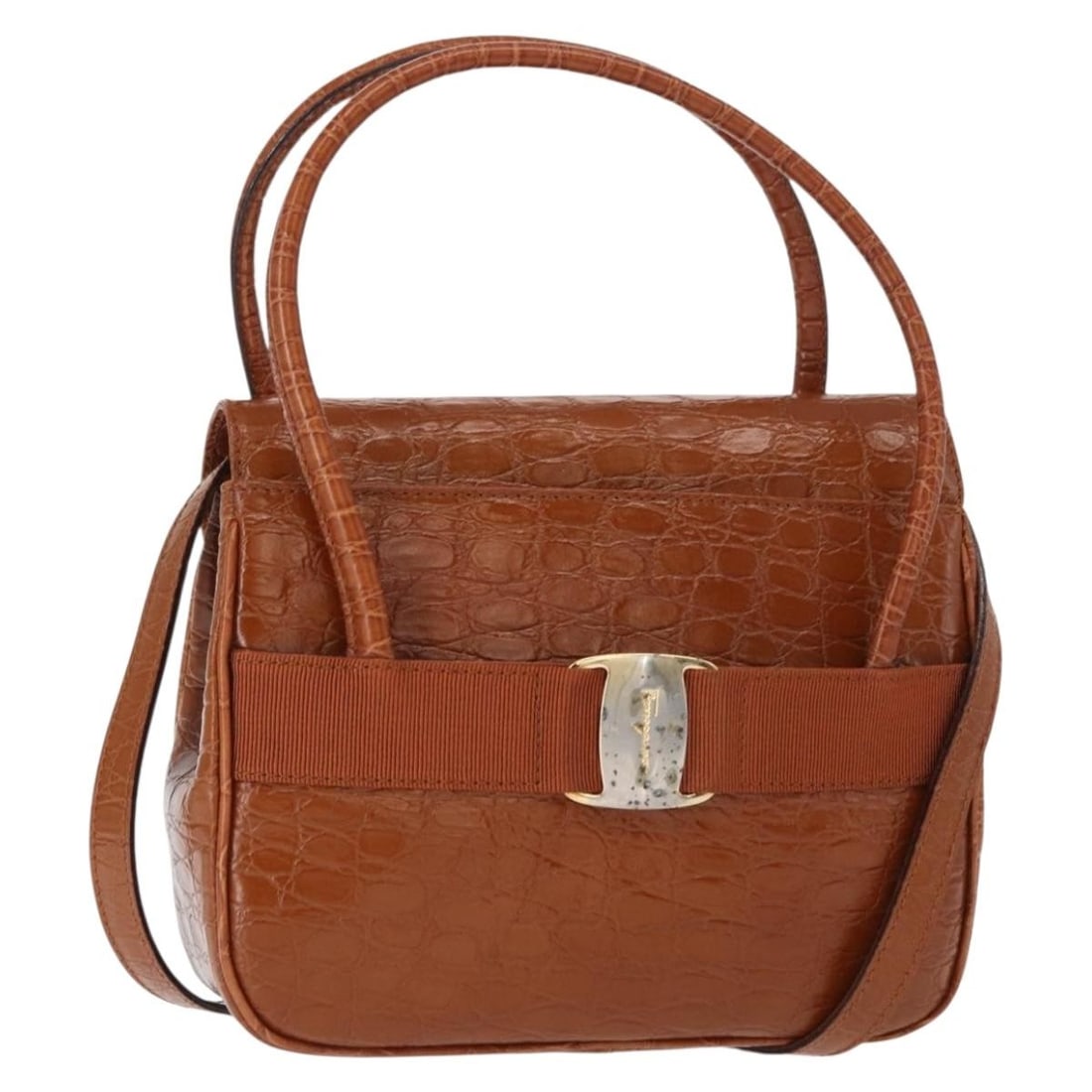Salvatore Ferragamo Vala Leather Hand Bag Brown Gold Auth 151678: Salvatore Ferragamo Vala Leather Hand Bag Brown Gold Auth 151678 This Salvatore Ferragamo Vala Hand Bag is a stylish accessory crafted from high-quality leather, showcasing a beautiful brown and gold 