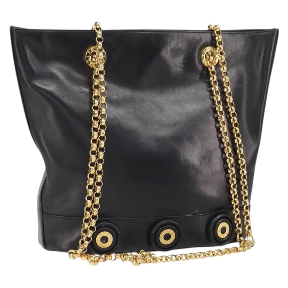 Black Leather Shoulder Bag with Chain by Tiffany and Co Gold Accents: Black Leather Shoulder Bag with Chain by Tiffany and Co Gold Accents This is a Tiffany & Co. women's shoulder bag crafted from black and gold leather. The bag features a chain shoulder strap and is ma