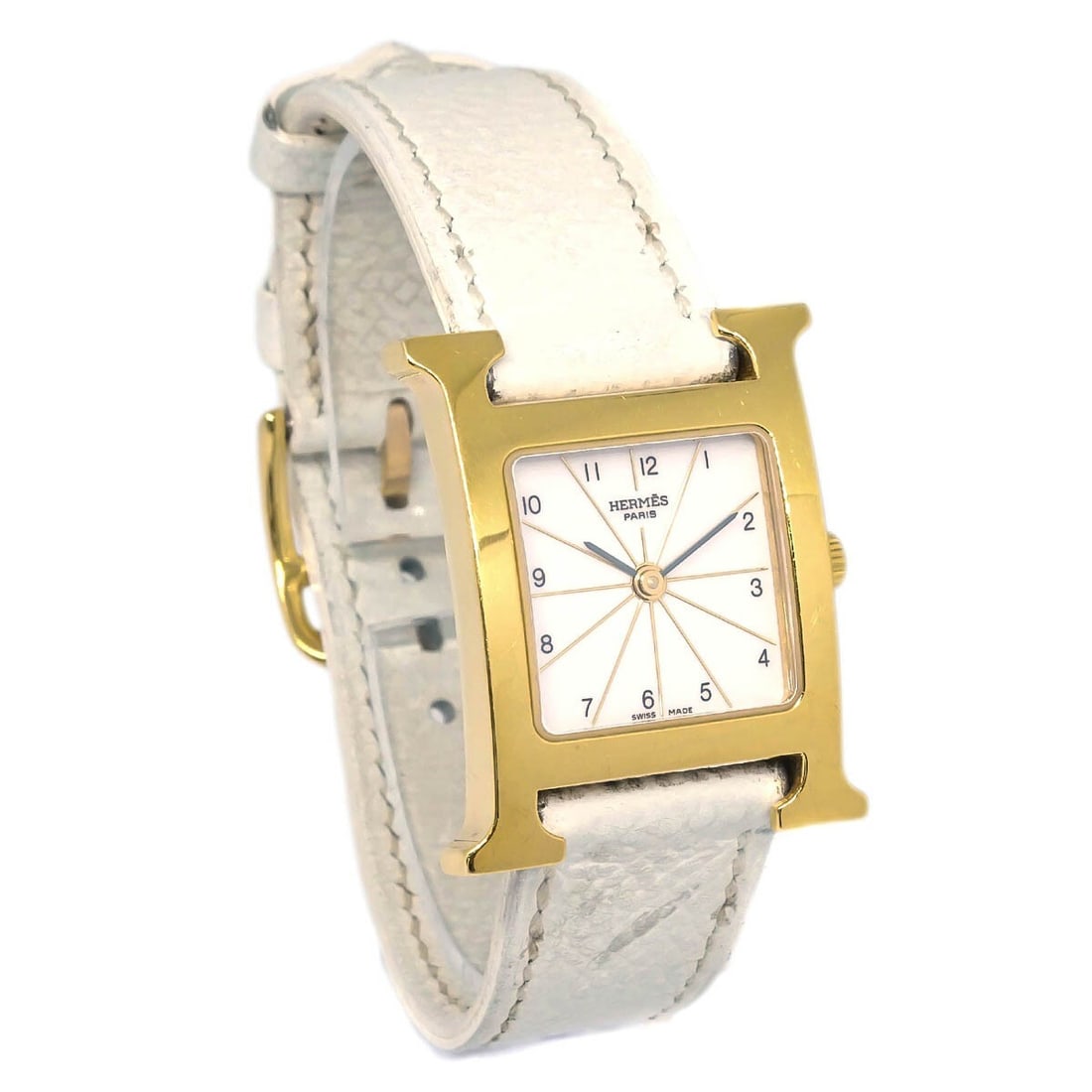 Hermes H Watch HH1.201 Quartz White Dial Gold Case Womens: Hermes H Watch HH1.201 Quartz White Dial Gold Case Womens This Hermes H Watch HH1.201 is a Swiss-made women's wristwatch featuring a quartz movement and a stylish, casual design. It has a 25 mm gold-t