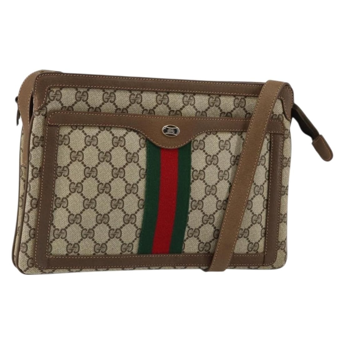 GUCCI GG Supreme Sherry Line Shoulder Bag Beige Gold PVC 14 02 013 Auth: GUCCI GG Supreme Sherry Line Shoulder Bag Beige Gold PVC 14 02 013 Auth This authentic GUCCI GG Supreme Web Sherry Line Bag is a stylish shoulder bag crafted in Italy from durable PVC leather and GG c