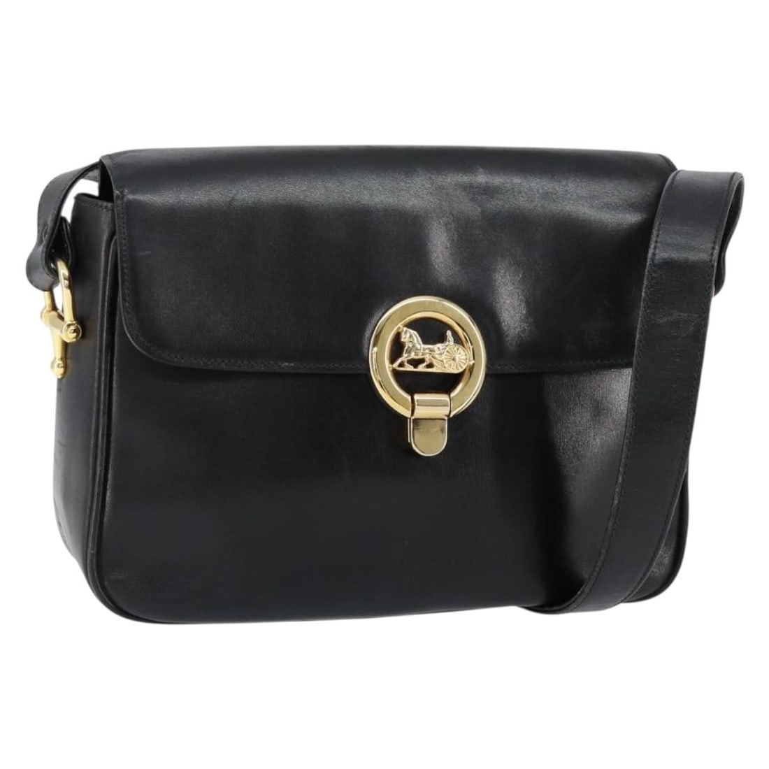 CELINE Black Gold Leather Horse Carriage Shoulder Bag Italy Auth: CELINE Black Gold Leather Horse Carriage Shoulder Bag Italy Auth This CELINE Horse Carriage Shoulder Bag is a stylish and elegant accessory crafted from high-quality leather in a chic black and gold c