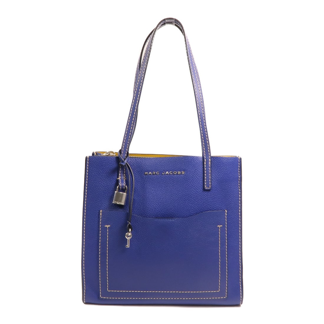 Marc Jacobs Calfskin Blue Tote with Silver Hardware: Marc Jacobs Calfskin Blue Tote with Silver Hardware This Marc Jacobs shoulder tote is crafted from blue calfskin leather and features a classic design suitable for everyday use. It offers a spacious i