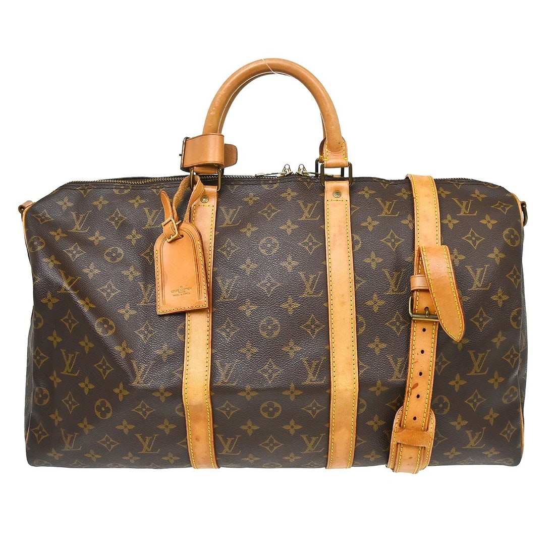 Louis Vuitton Keepall Bandouliere 50 Monogram Canvas Travel Bag: Louis Vuitton Keepall Bandouliere 50 Monogram Canvas Travel Bag This Louis Vuitton Keepall Bandouliere 50 features the iconic monogram canvas exterior with beige leather double handles and a zip closu