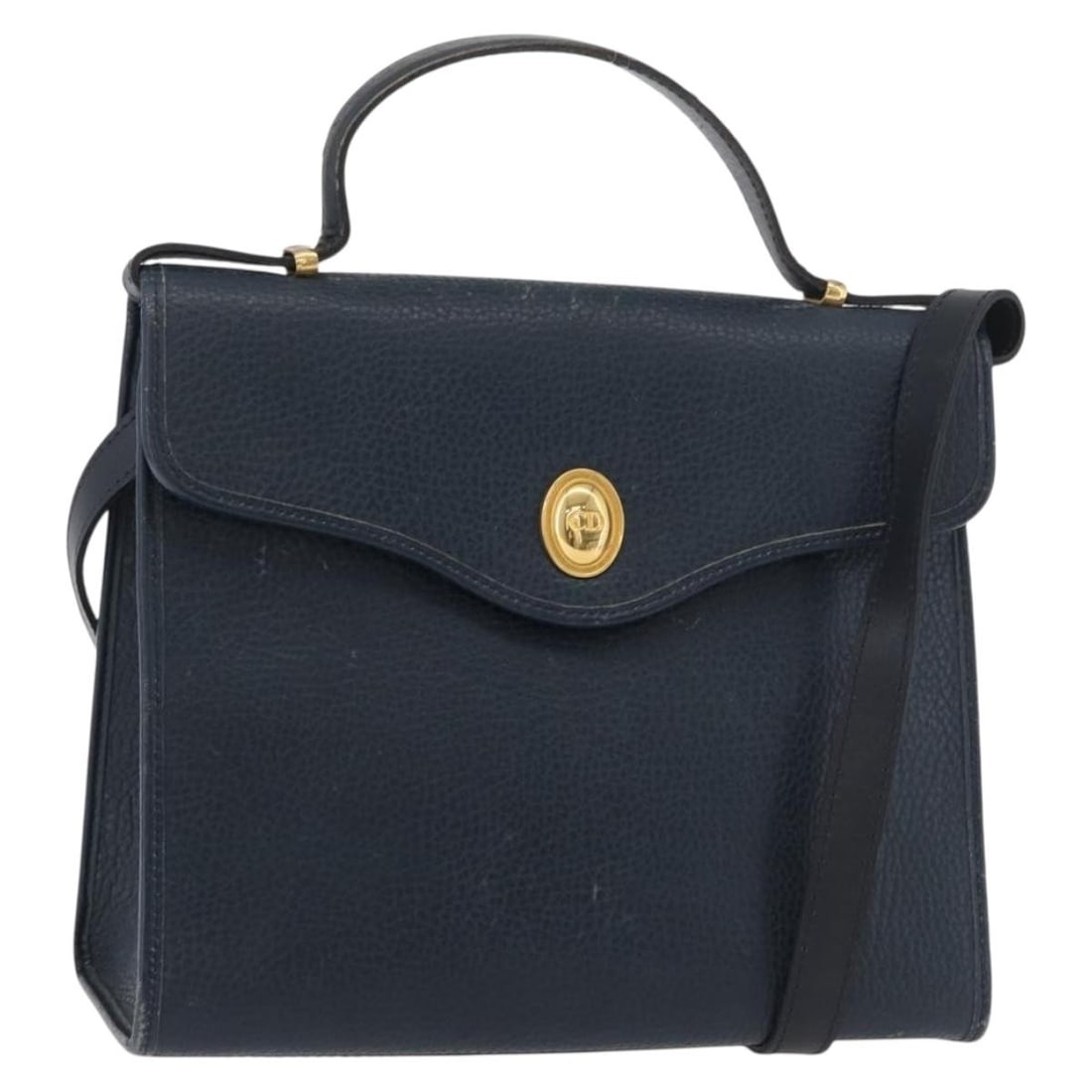 Christian Dior Navy Gold Leather Shoulder Bag with Strap: Christian Dior Navy Gold Leather Shoulder Bag with Strap This Christian Dior leather handbag features a versatile 2-way design in navy with gold-tone accents. Crafted in France, it is designed for wom