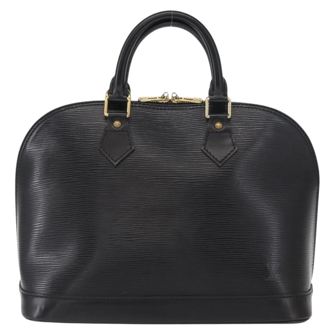 Black Epi Leather Alma Bag by Louis Vuitton France: Black Epi Leather Alma Bag by Louis Vuitton France This Louis Vuitton Alma handbag is crafted from black Epi leather and features a structured silhouette. Designed for women, it presents a classic and