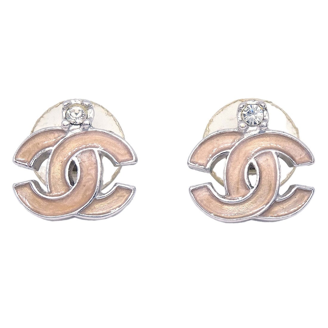Chanel Silver Rhinestone Pierced CC Earrings Screw Back 05C: Chanel Silver Rhinestone Pierced CC Earrings Screw Back 05C These Chanel CC pierced earrings feature a silver-tone finish adorned with rhinestones, offering an elegant and timeless accessory. Designed