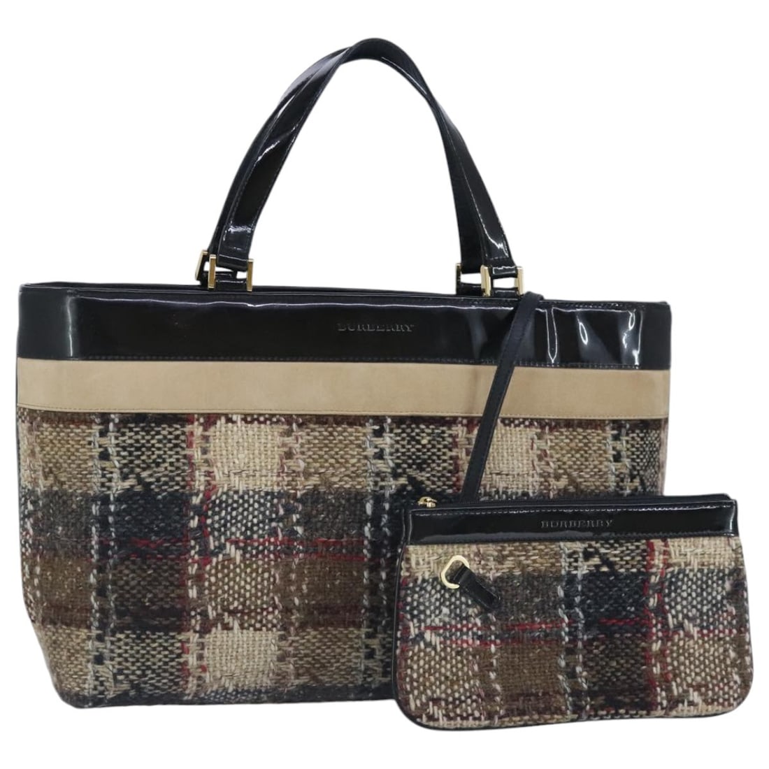 Burberry Wool Beige Gold Women's Handbag with Pouch: Burberry Wool Beige Gold Women's Handbag with Pouch This Burberry hand bag for women features a beige and gold wool exterior with a top handle design. The bag includes a matching pouch accessory and o