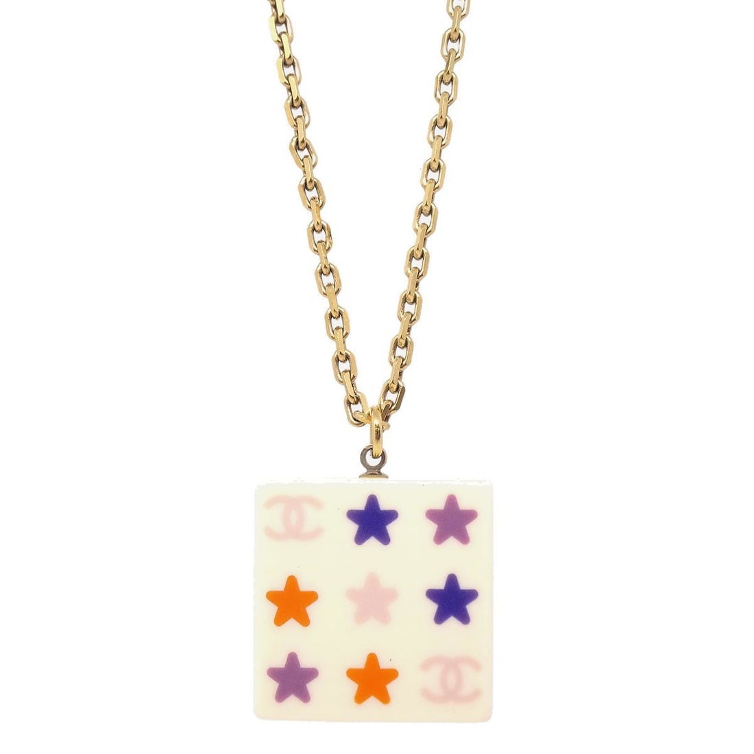 Chanel square charm necklace gold plated pendant: Chanel square charm necklace gold plated pendant This Chanel necklace features a gold-plated chain with a square-shaped charm pendant in a gold and white color combination. The piece is designed in a 