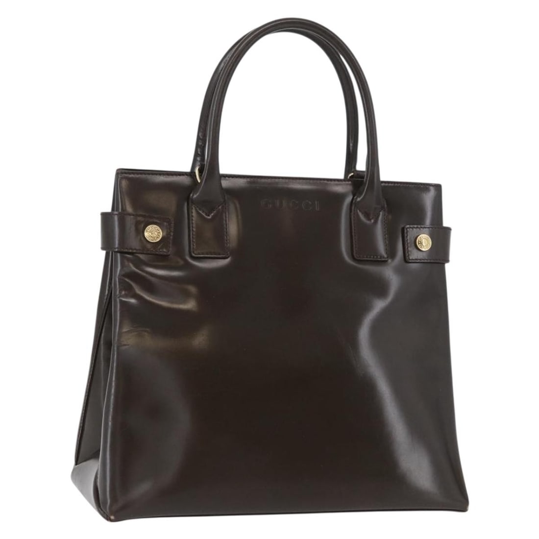 Gucci Brown Patent Leather Women's Handbag with Gold Accents: Gucci Brown Patent Leather Women's Handbag with Gold Accents This Gucci handbag features a stylish combination of brown and gold patent leather. Designed for women, it offers a spacious interior and a