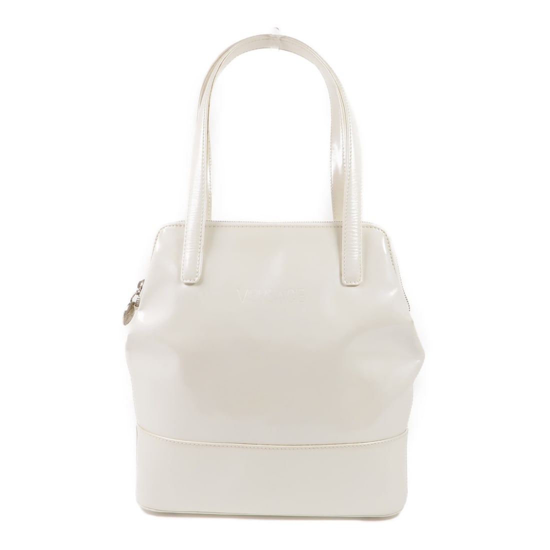 Versace White Patent Leather Handbag 11.0 x 8.3 x 2.6: Versace White Patent Leather Handbag 11.0 x 8.3 x 2.6 This Versace handbag features a sleek white patent leather exterior and is designed for women. It is a regular size with a structured silhouette, 