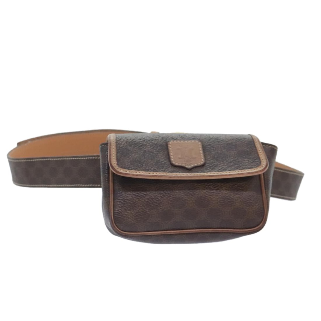 Celine Macadam Canvas Brown PVC Leather Waist Bag Gold Accent Italy: Celine Macadam Canvas Brown PVC Leather Waist Bag Gold Accent Italy This Celine Macadam canvas waist bag is crafted from PVC leather in brown with gold-tone accents. Designed for women, it features a 