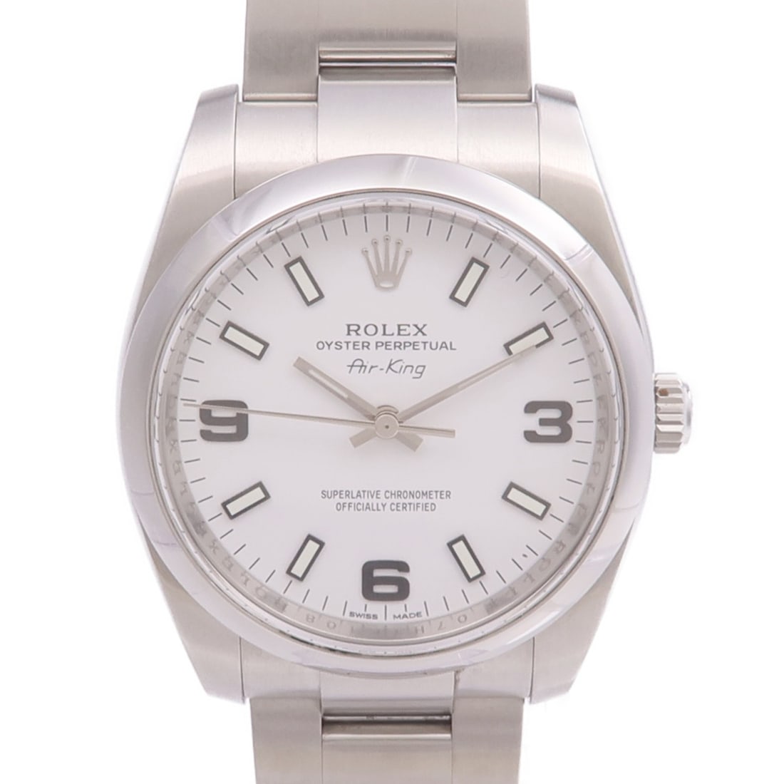 Rolex Air King 114200 Stainless Steel Automatic White Dial Watch: Rolex Air King 114200 Stainless Steel Automatic White Dial Watch This ROLEX Air King 114200 is a sophisticated automatic wristwatch crafted from stainless steel with a sleek white dial and matching wh