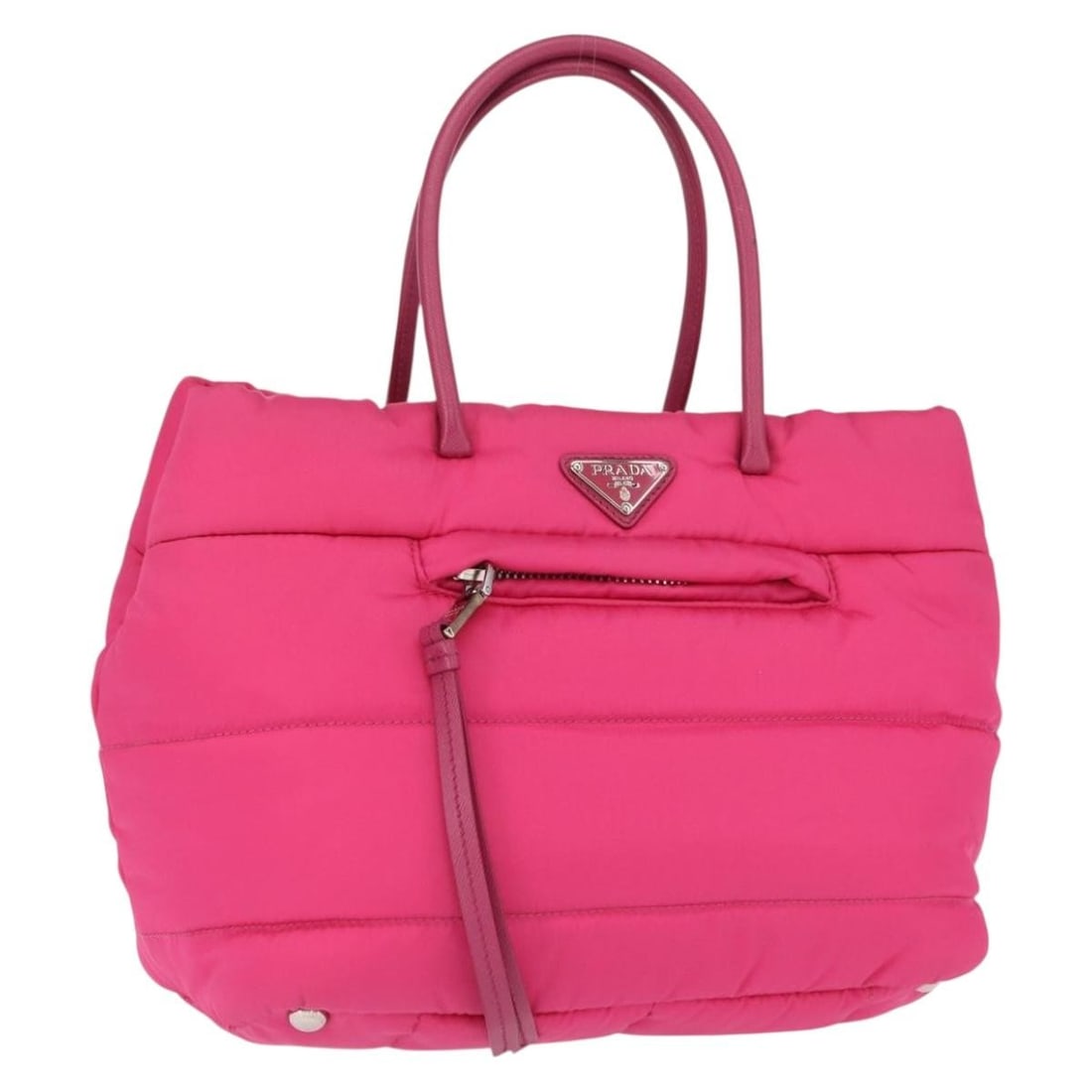 Pink Nylon Prada Handbag with Silver Accents and Dust Bag: Pink Nylon Prada Handbag with Silver Accents and Dust Bag This PRADA handbag features a pink and silver nylon exterior with silver-tone details. Designed for everyday use, it offers a spacious interio