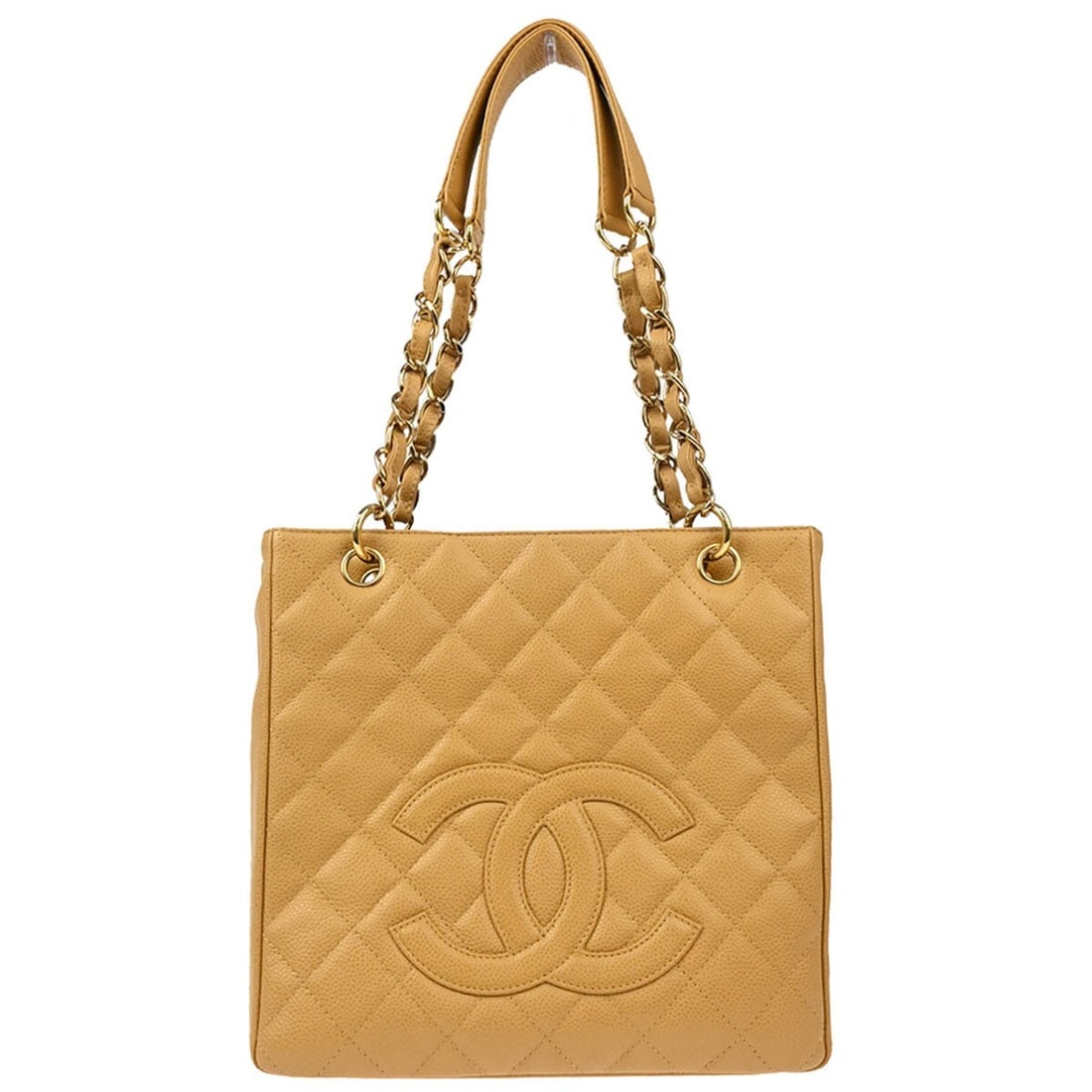 Chanel Beige Caviar Petite Shopping Tote PST with Chain Strap: Chanel Beige Caviar Petite Shopping Tote PST with Chain Strap This exquisite Chanel Petite Shopping Tote (PST) in beige calfskin is a stylish accessory for casual occasions. Crafted from high-quality 