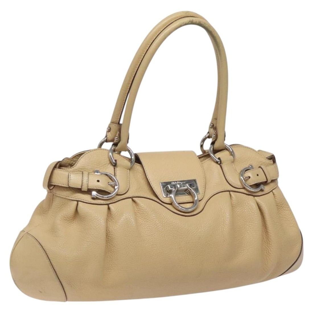 Ferragamo Gancini Beige Leather Shoulder Bag Silver Hardware Italy: Ferragamo Gancini Beige Leather Shoulder Bag Silver Hardware Italy This Salvatore Ferragamo Gancini shoulder bag is crafted from beige leather with silver-tone accents. Designed for women, it features