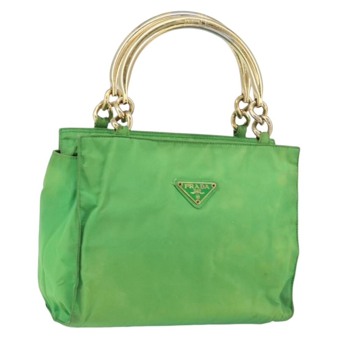 Prada green nylon women tote bag Italy gold trim: Prada green nylon women tote bag Italy gold trim This PRADA tote bag is crafted from green and gold nylon and features a spacious design with dual top handles. Made in Italy, it is designed for women 