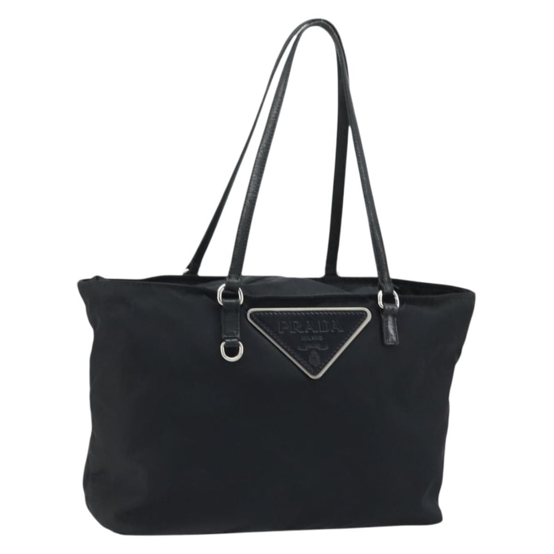 Prada nylon black silver tote bag Italy 12.6 x 9.8 x 4.3in: Prada nylon black silver tote bag Italy 12.6 x 9.8 x 4.3in This PRADA tote bag is crafted from black nylon with silver-tone detailing. Designed for women, it features a spacious interior and sturdy ha