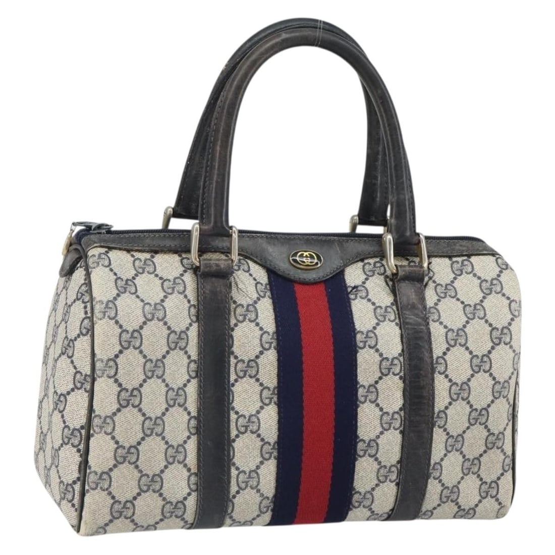Gucci Sherry Line Boston Bag Navy Red PVC Leather Italy: Gucci Sherry Line Boston Bag Navy Red PVC Leather Italy This is a Gucci GG Supreme Sherry Line Boston Bag featuring a combination of navy, gold, and red colors. Crafted in Italy from PVC leather and G