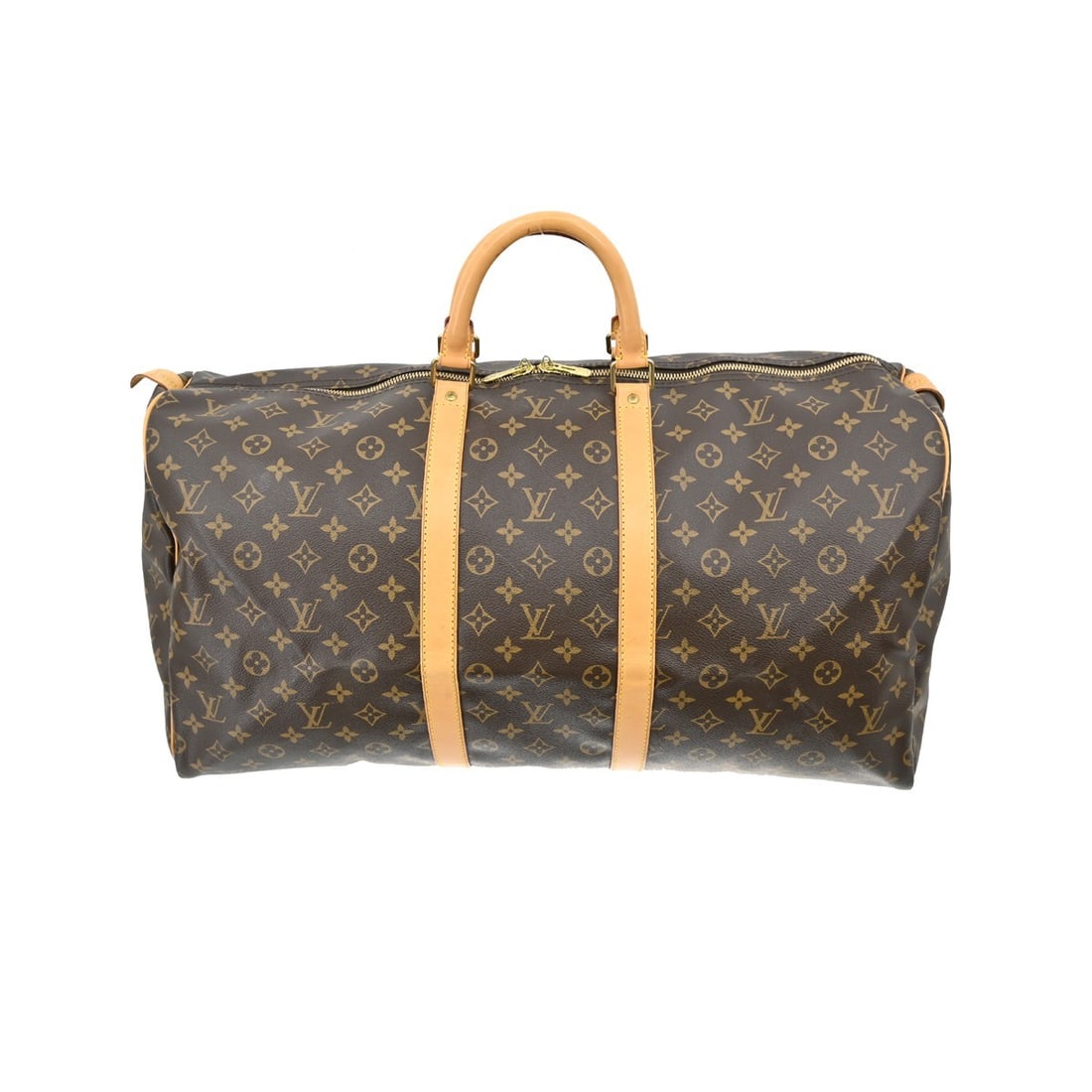 Louis Vuitton Keepall 55 monogram duffle travel bag: Louis Vuitton Keepall 55 monogram duffle travel bag This Louis Vuitton Keepall 55 is a vintage extra-large travel handbag crafted from the iconic Monogram canvas leather. It features double beige leat