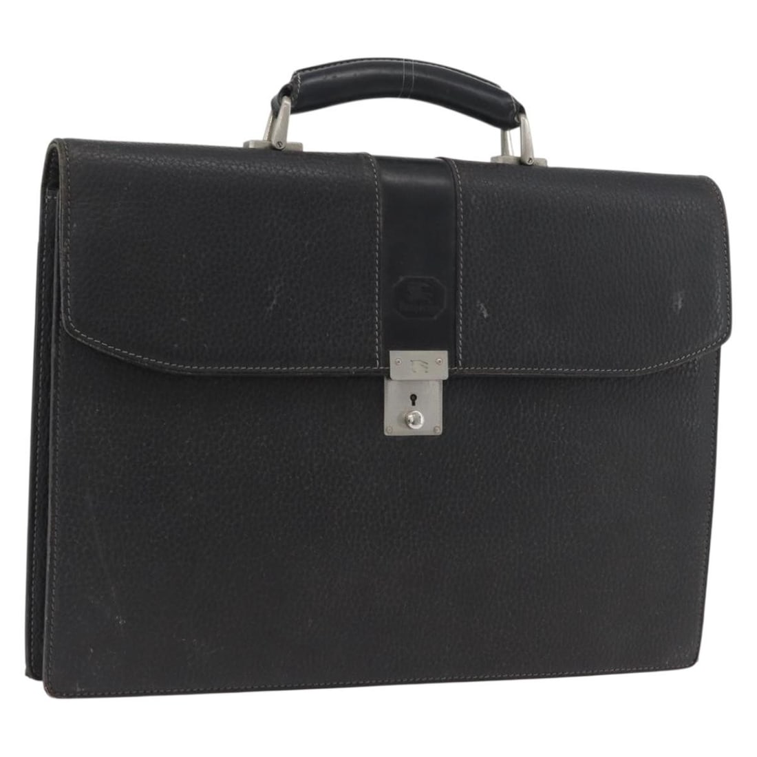 Black Leather Burberrys Business Tote with Silver Tone Accents: Black Leather Burberrys Business Tote with Silver Tone Accents This Burberrys business bag is crafted from black leather with silver-tone accents, designed for women. The bag features a structured sil