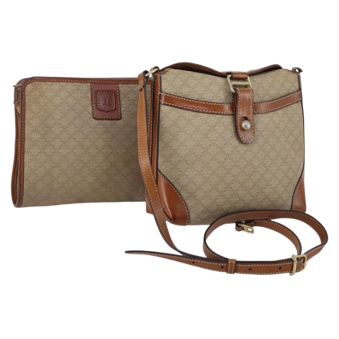 CELINE Macadam Beige Gold PVC Leather Shoulder Bag Auth 144940: CELINE Macadam Beige Gold PVC Leather Shoulder Bag Auth 144940 This authentic CELINE Macadam Canvas Shoulder Bag is a chic accessory crafted from durable PVC leather in a stylish beige and gold color 