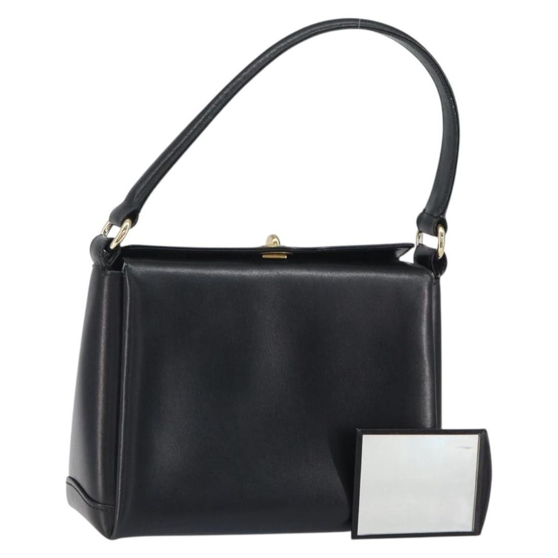 Gucci Black Leather Handbag with Gold Accents and Mirror Accessory: Gucci Black Leather Handbag with Gold Accents and Mirror Accessory This Gucci handbag features a black leather exterior accented with gold-tone details. The bag is designed with a structured silhouett